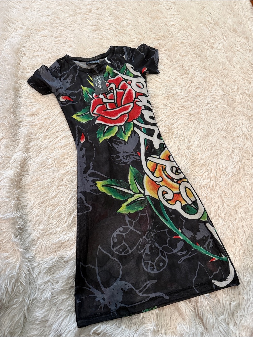 Floral Graphic Black swim coverup sheer Dress with Red Rose S